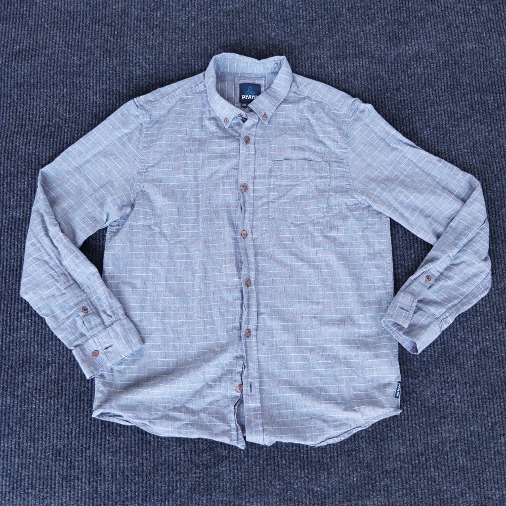 Prana Windowpane Plaid Button Up Shirt Mens Large Organic Cotton Long Sleeve